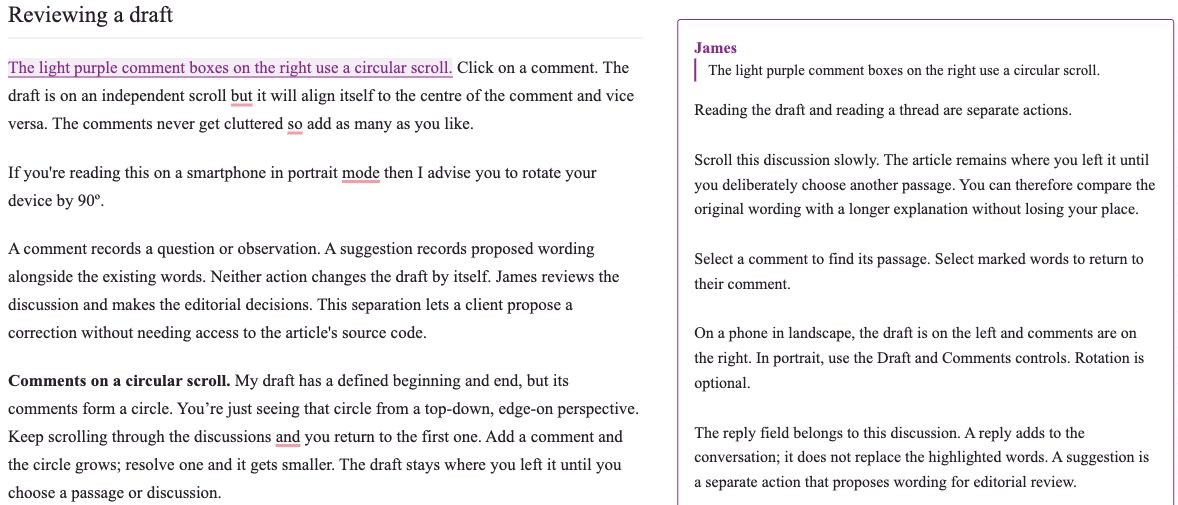 The Reviewing a draft section of WikiNative Studio’s public sample beside its selected discussion, explaining comments, wording suggestions and James’s editorial review.